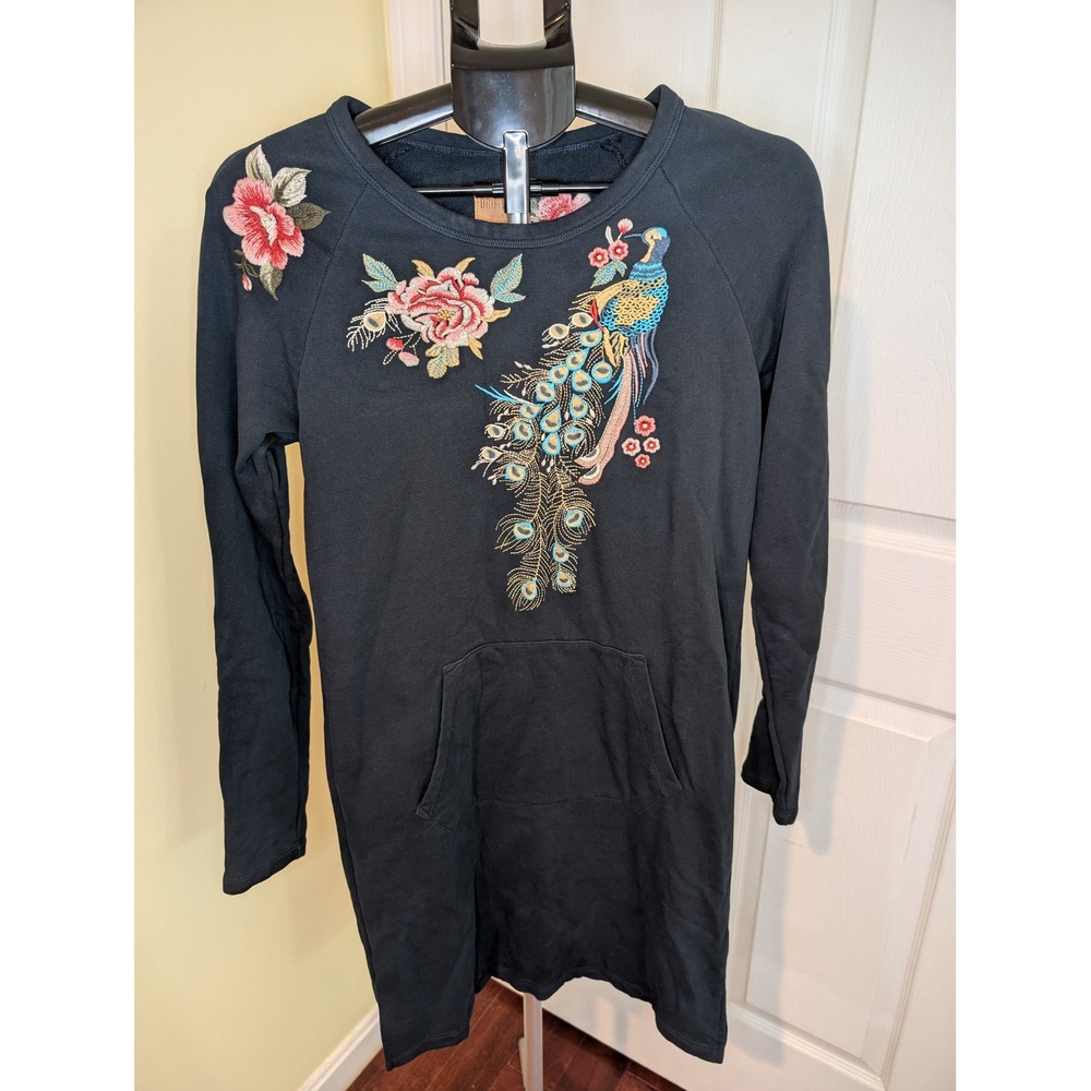 Driftwood Layla Sweatshirt Dress Women S Black Embroidered Peacock Floral Pocket